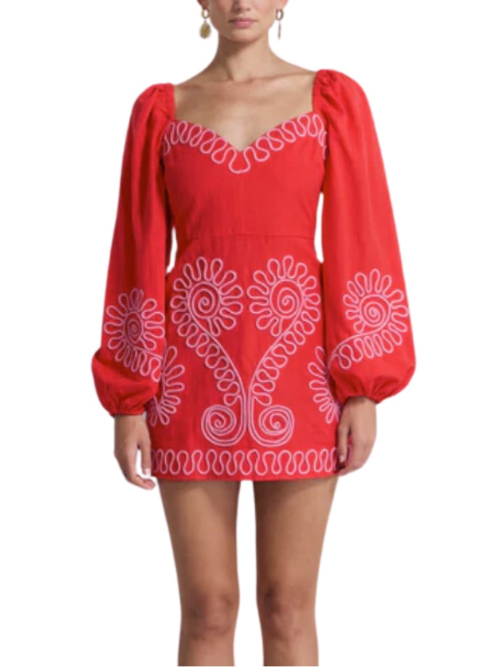 The Wolf Gang Red Embroidered Mini Dress with Puff Sleeves